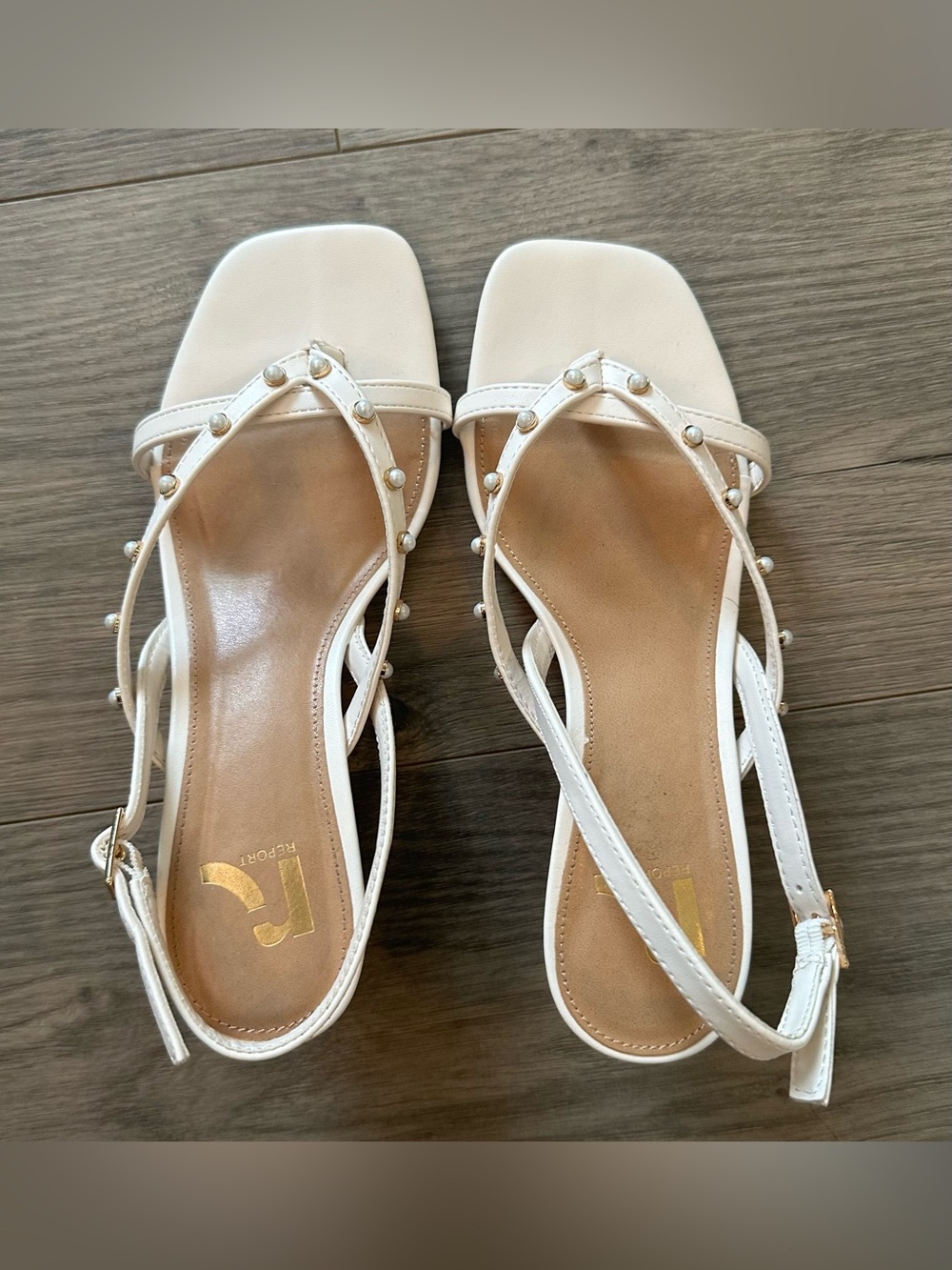 6 Vienna report cream pearl golden kitten heel sandals strapped pearl wedding - Picture 4 of 10